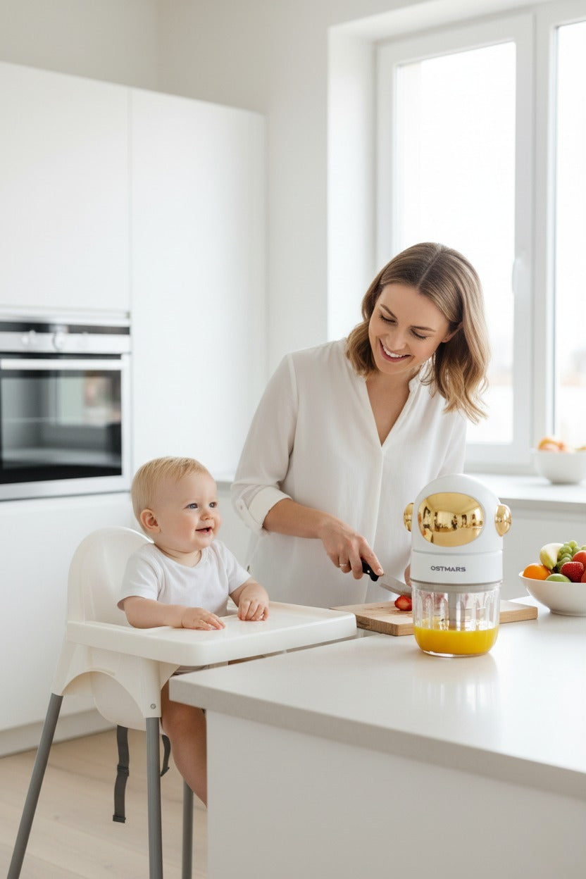Woman and child in a kitchen with a blender and fruits