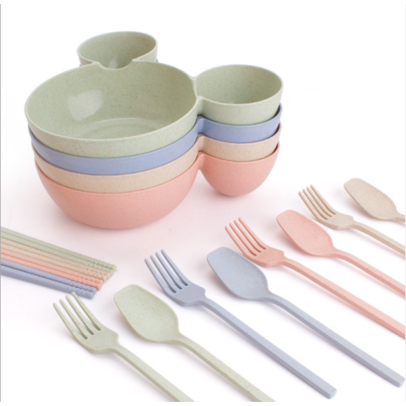 Adorable 3-Piece Cartoon Baby Bowl Set - Eco-Friendly Wheat Straw Dinnerware for Kids with Bowknot Design, Includes Plate, Spoon, and Fork