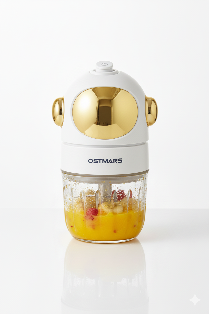 Blender with a white and gold design, filled with fruit, on a white background.