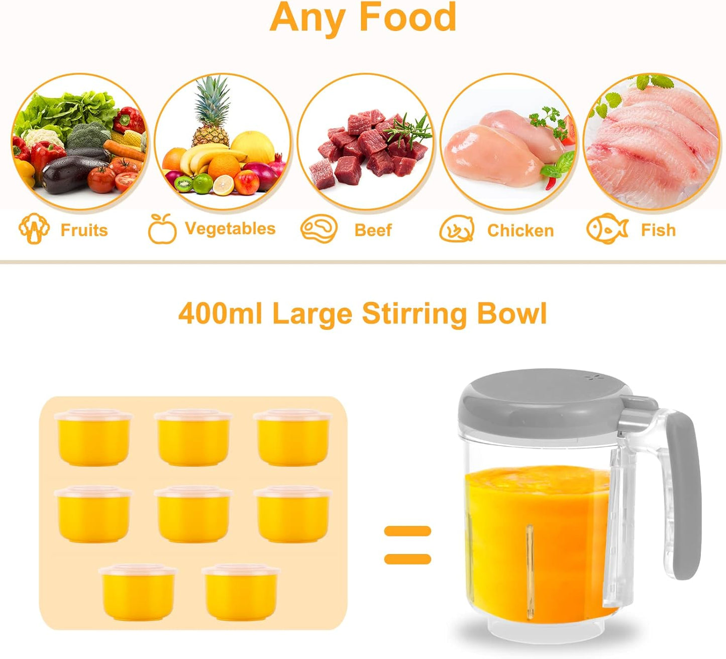 Stirring bowl with a lid and ice cube tray, surrounded by food icons and text.