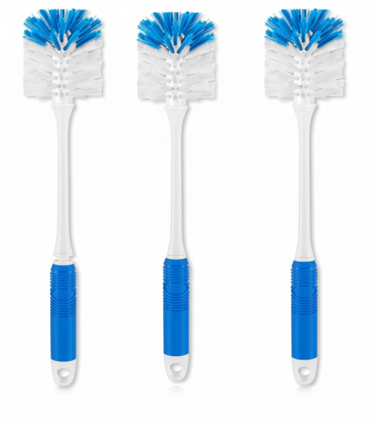 Three bottle brushes with blue bristles and handles on a white background