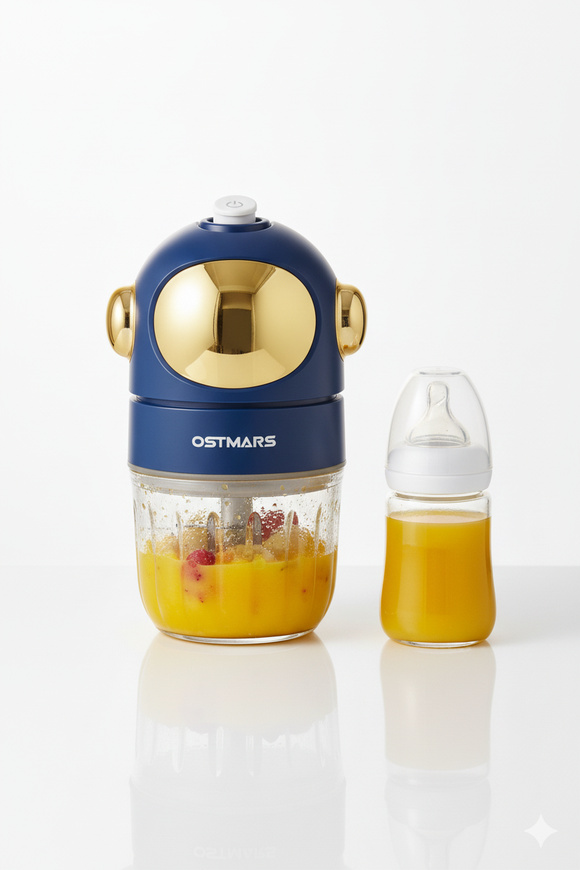 Blue and gold robot-shaped blender with a glass container filled with a smoothie on a white background.
