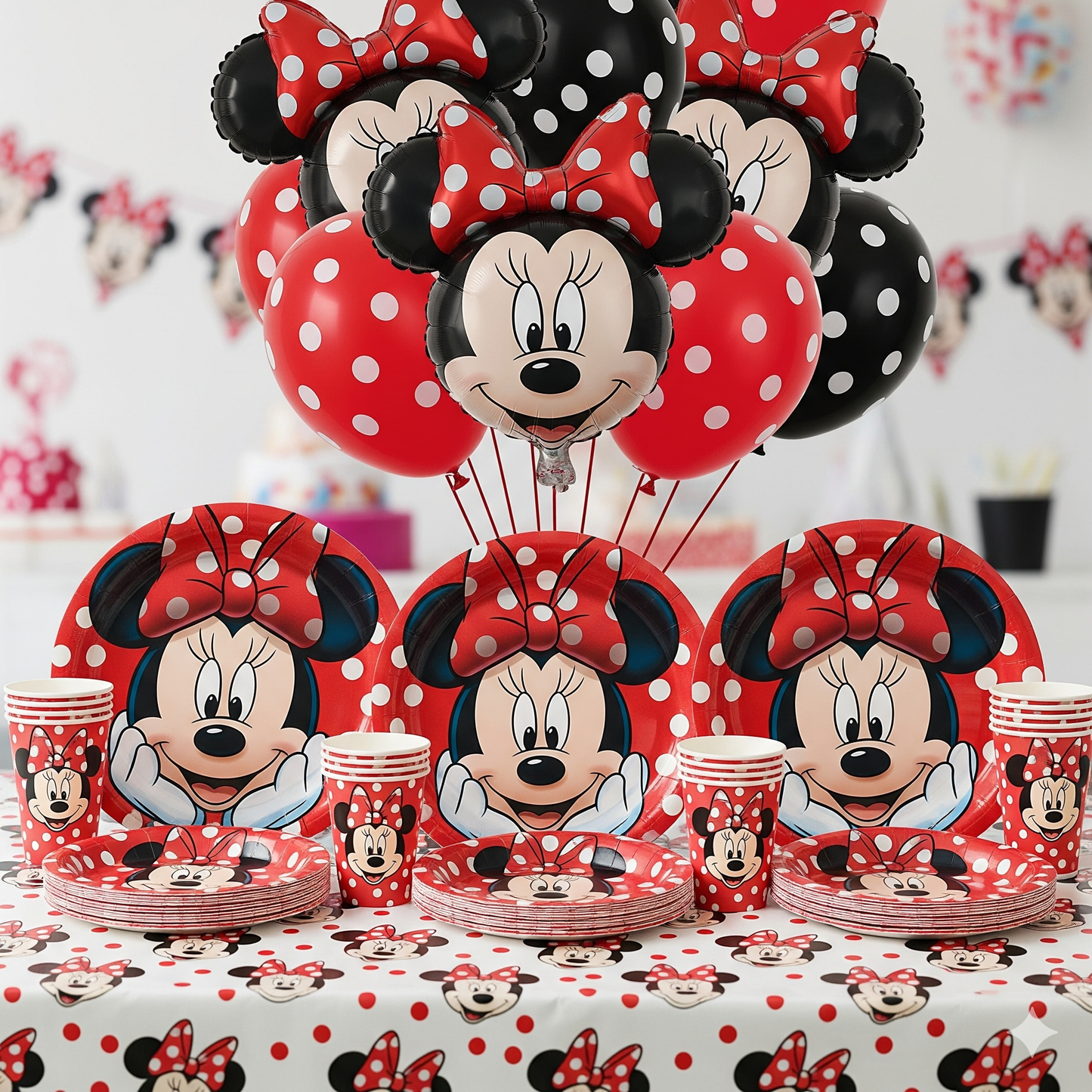 Minnie Mouse Birthday Party Essentials: Disposable Tableware, Balloons, Cups, Plates, and Tablecloth for a Magical Celebration!