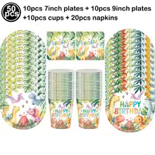 Dinosaur-Themed Birthday Party Disposable Tableware Set - Plates, Cups, Napkins & Tablecloth for Kids' Celebrations and Baby Showers