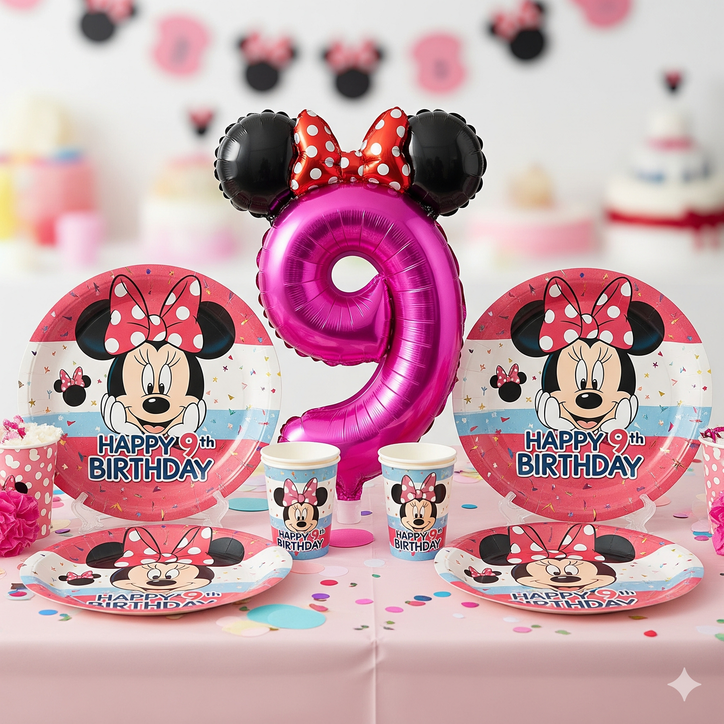 Minnie Mouse Birthday Party Essentials: Disposable Tableware, Balloons, Cups, Plates, and Tablecloth for a Magical Celebration!
