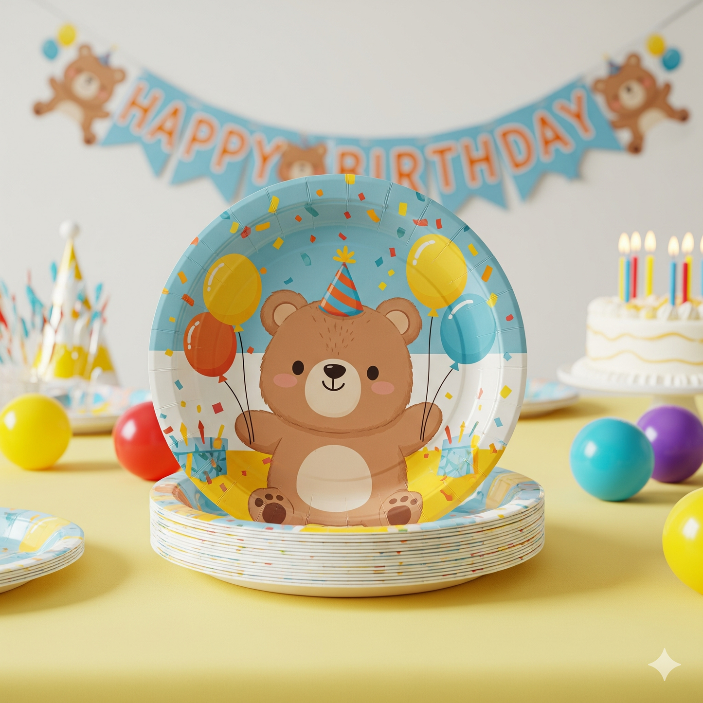 Cartoon Bear Disposable Paper Tableware Set - Kids Party Plates