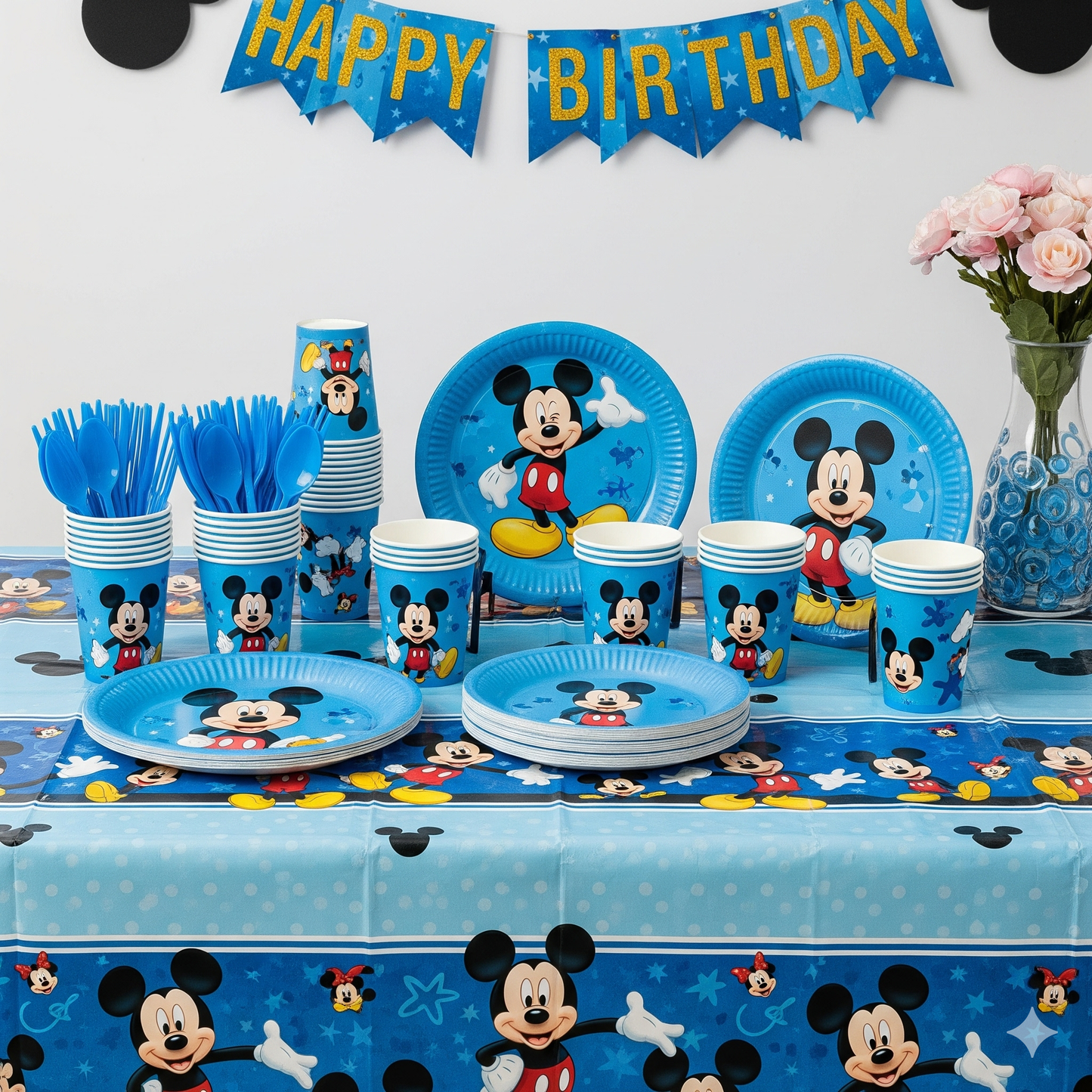 Blue Mickey Mouse Birthday Party Essentials: Disposable Cups, Plates, and Tablecloth for Kids' Celebrations