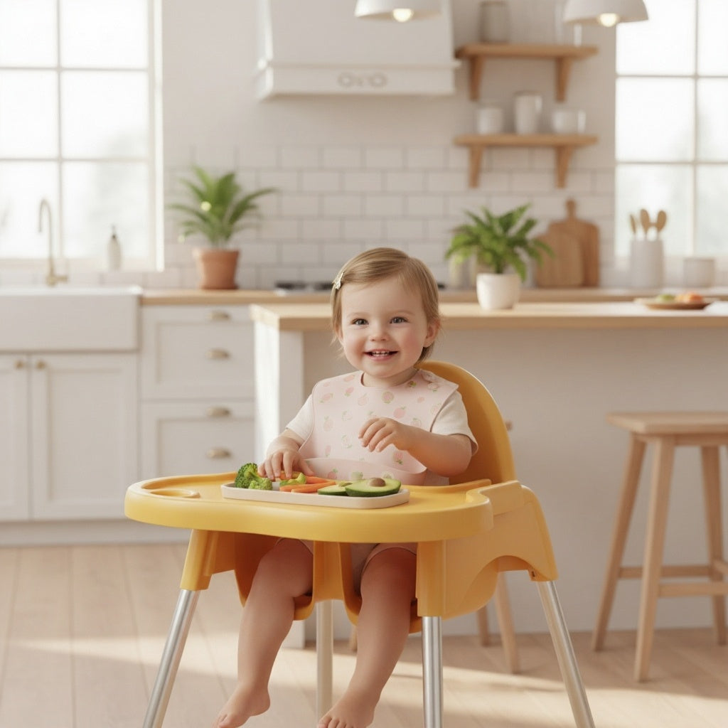 Child in a yellow high chair with a plate of vegetables in a kitchen.