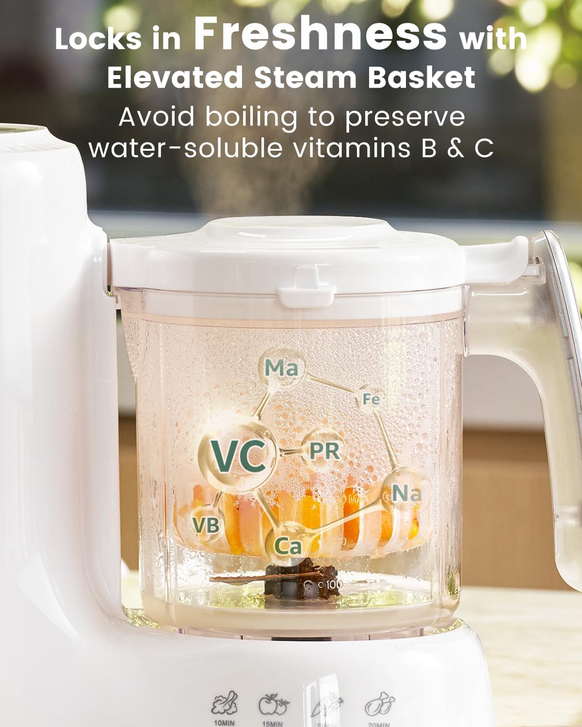 Juicer with a transparent container showing vitamins and text about preserving freshness with an elevated steam basket.