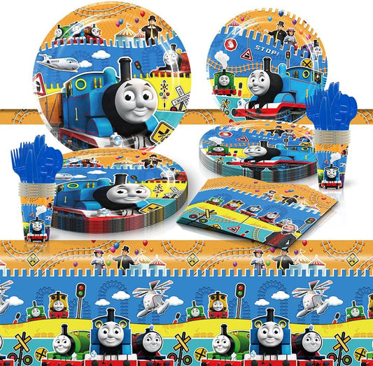 Thomas the Tank Engine-themed party supplies including plates, cups, and napkins on a white background.