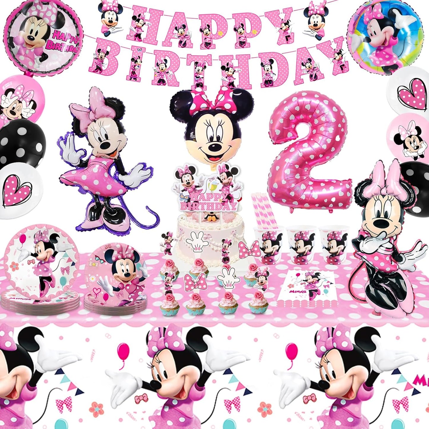 Minnie Mouse Birthday Party Essentials: Disposable Tableware, Balloons, Cups, Plates, and Tablecloth for a Magical Celebration!