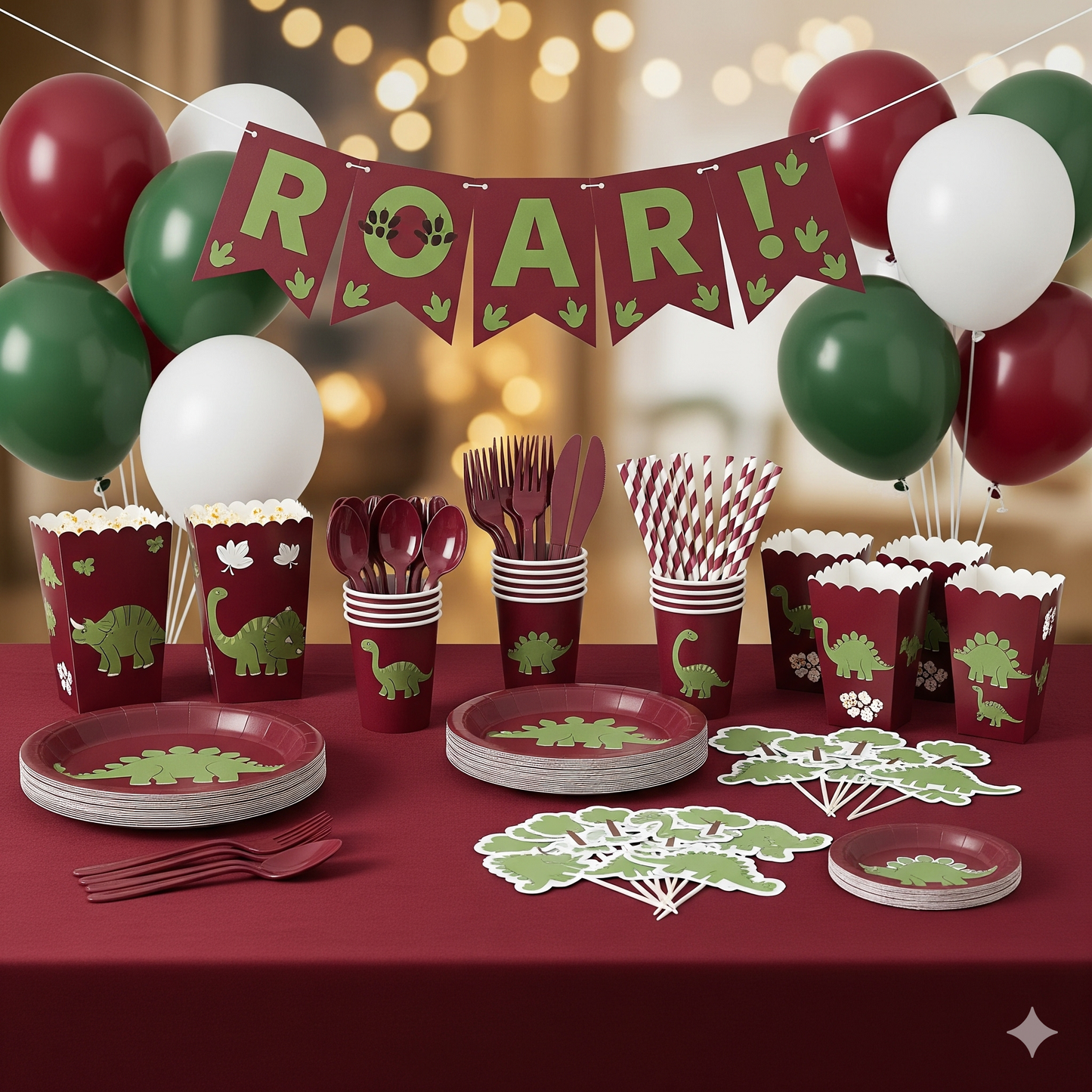 Dinosaur-Themed Birthday Party Disposable Tableware Set - Plates, Cups, Napkins & Tablecloth for Kids' Celebrations and Baby Showers