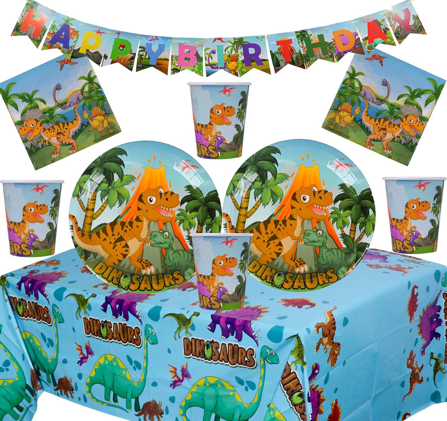 Dinosaur-Themed Birthday Party Disposable Tableware Set - Plates, Cups, Napkins & Tablecloth for Kids' Celebrations and Baby Showers