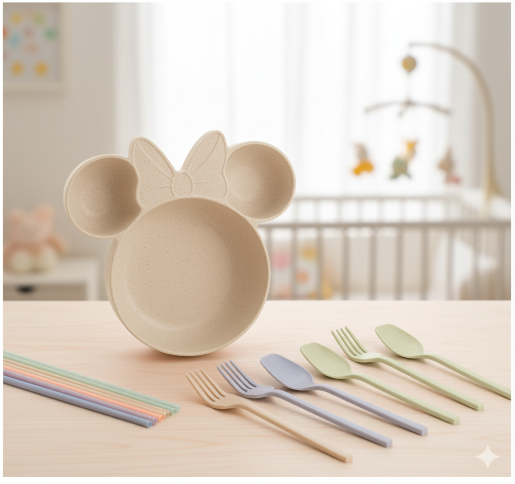 3-Piece Wheat Straw Baby Bowl Set - Cartoon Dinnerware with Spoon Fork