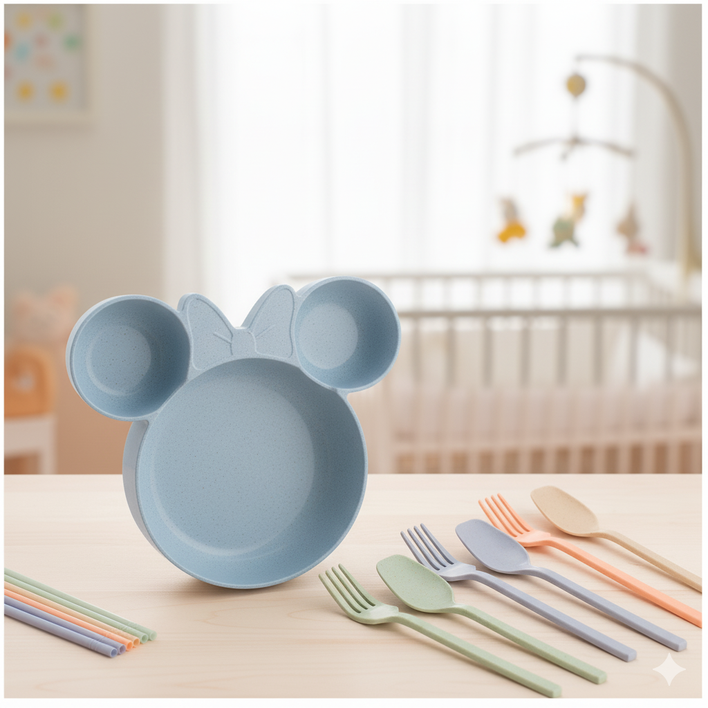 3-Piece Wheat Straw Baby Bowl Set - Cartoon Dinnerware with Spoon Fork