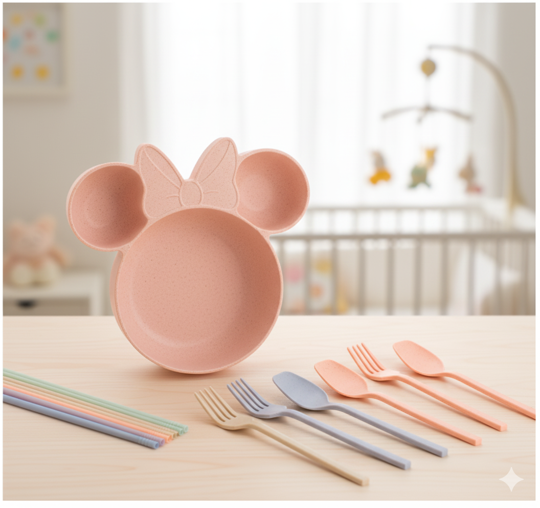 3-Piece Wheat Straw Baby Bowl Set - Cartoon Dinnerware with Spoon Fork