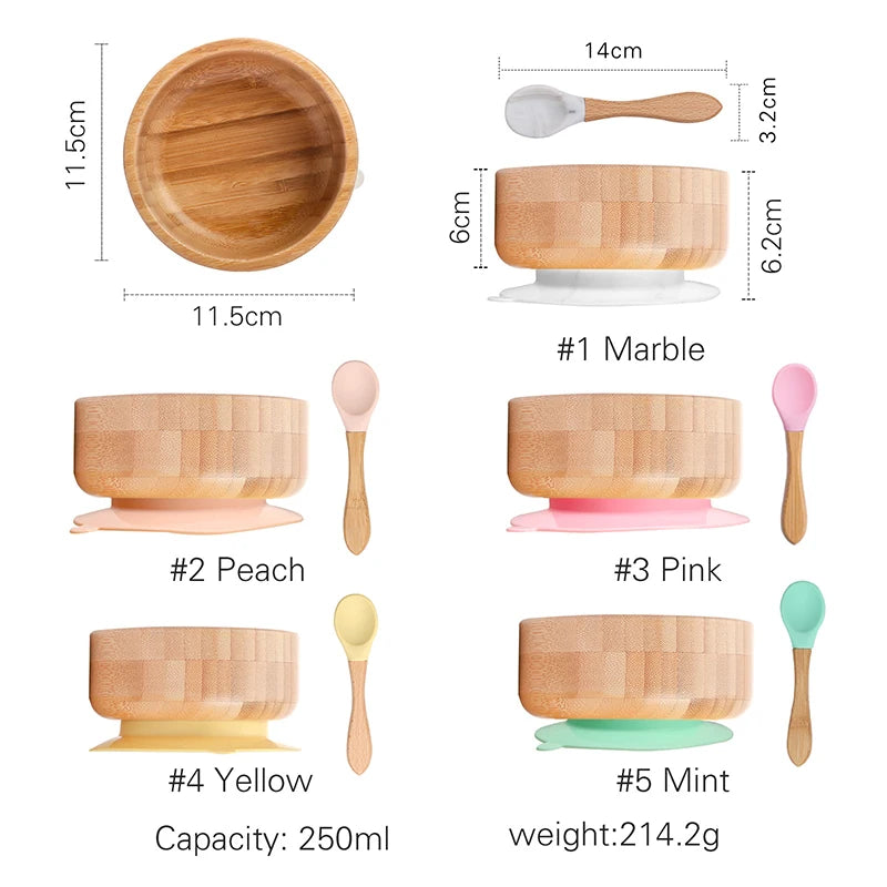 Set of wooden bowls and spoons with measurements and color options on a white background