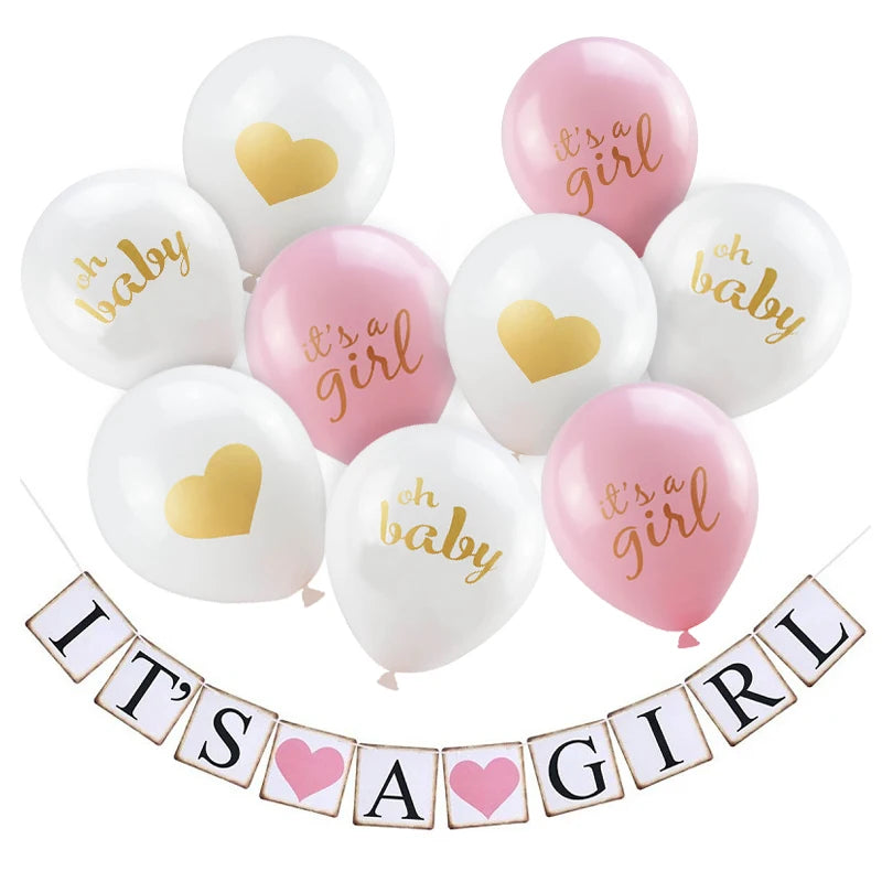 OhBebe gender reveal balloon set with pink, white, and gold designs, plus banner reading 'It's a Girl