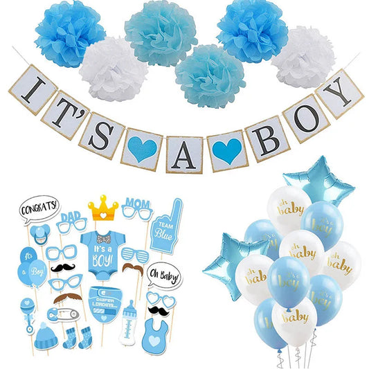 OhBebe baby shower decorations set with blue and white pom poms, banners, and themed gender reveal balloons.