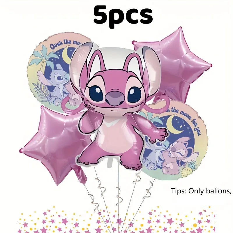 Set of five cartoon-themed balloons featuring a pink character with star shapes around it.