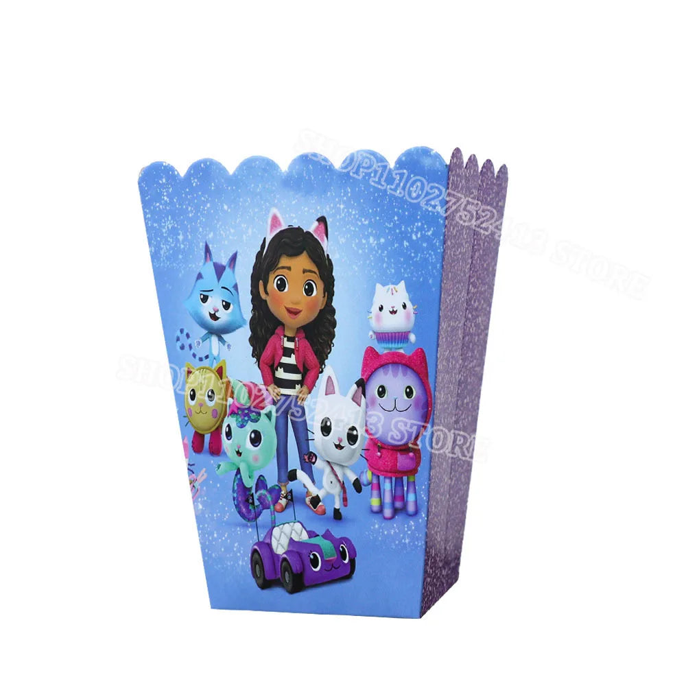 Popcorn box with cartoon character and animals on a blue background