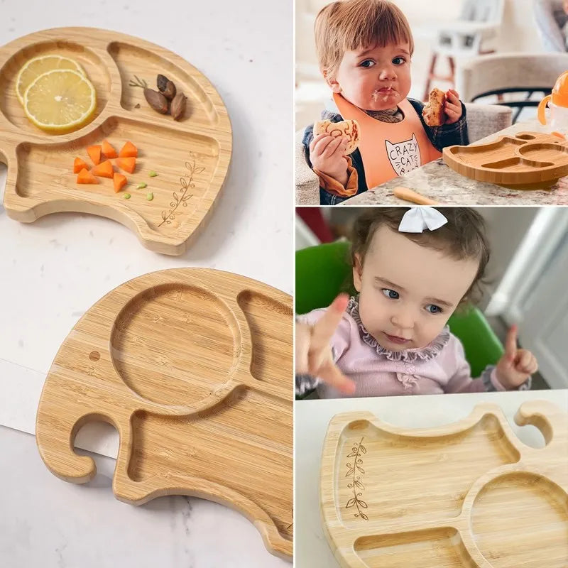 Collage of wooden trays shaped like animals with children using them.