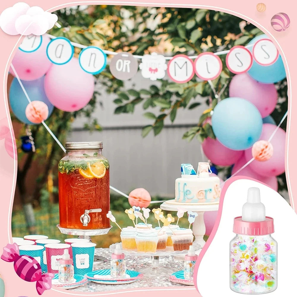Outdoor party setup with drinks, snacks, and decorations including balloons and a cake.