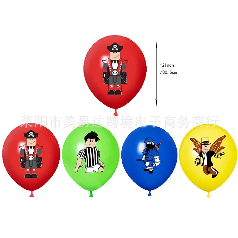 Four colorful balloons with cartoon character designs on a white background