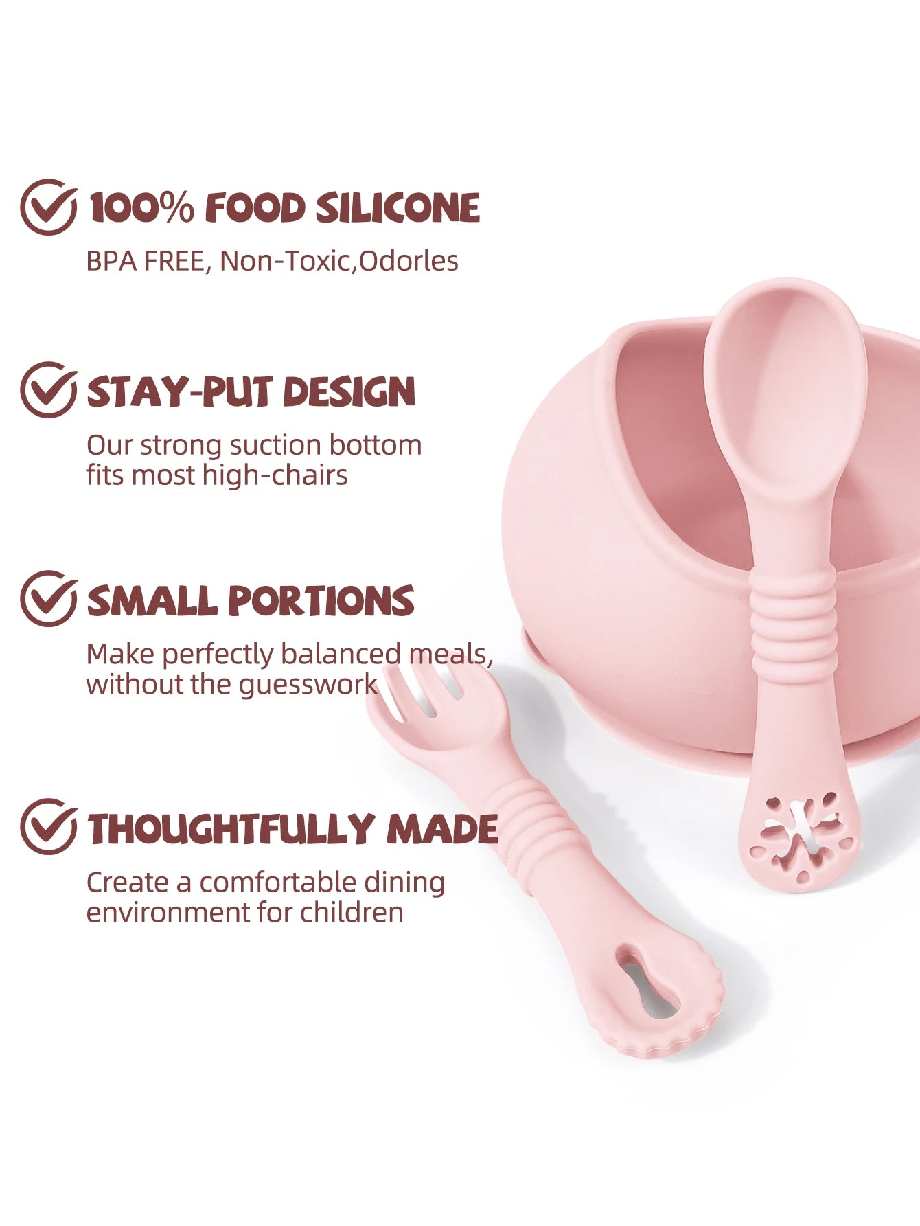 Pink silicone bowl and spoon set with features listed on a white background
