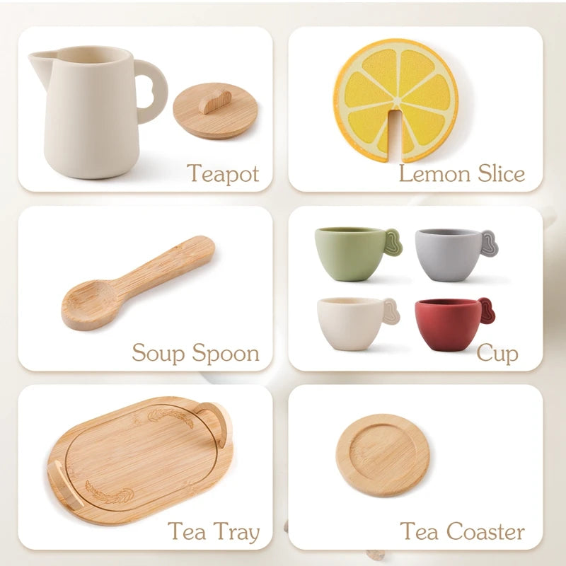 Set of kitchen items including a teapot, lemon slice, soup spoon, cups, tea tray, and tea coaster on a white background.