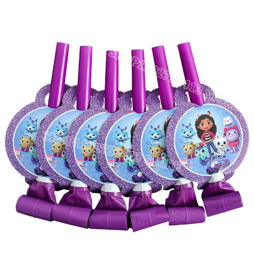 Set of party plates and straws with cartoon character design on a white background