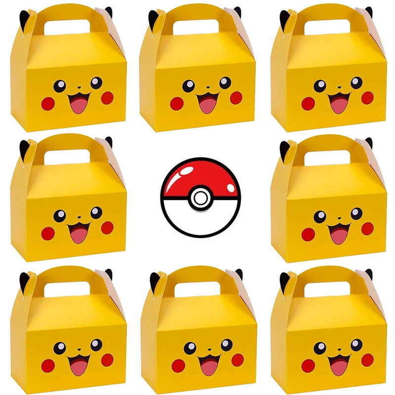 Yellow Pikachu-themed party favor boxes with a Poké Ball in the center.