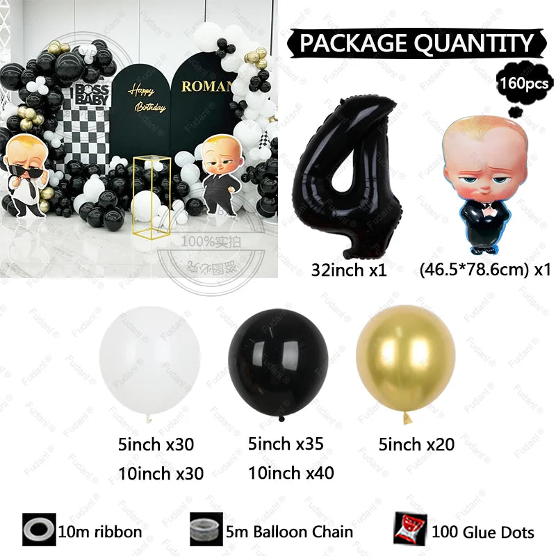 Collection of party decorations including balloons, ribbons, and a number 4 balloon on a white background.
