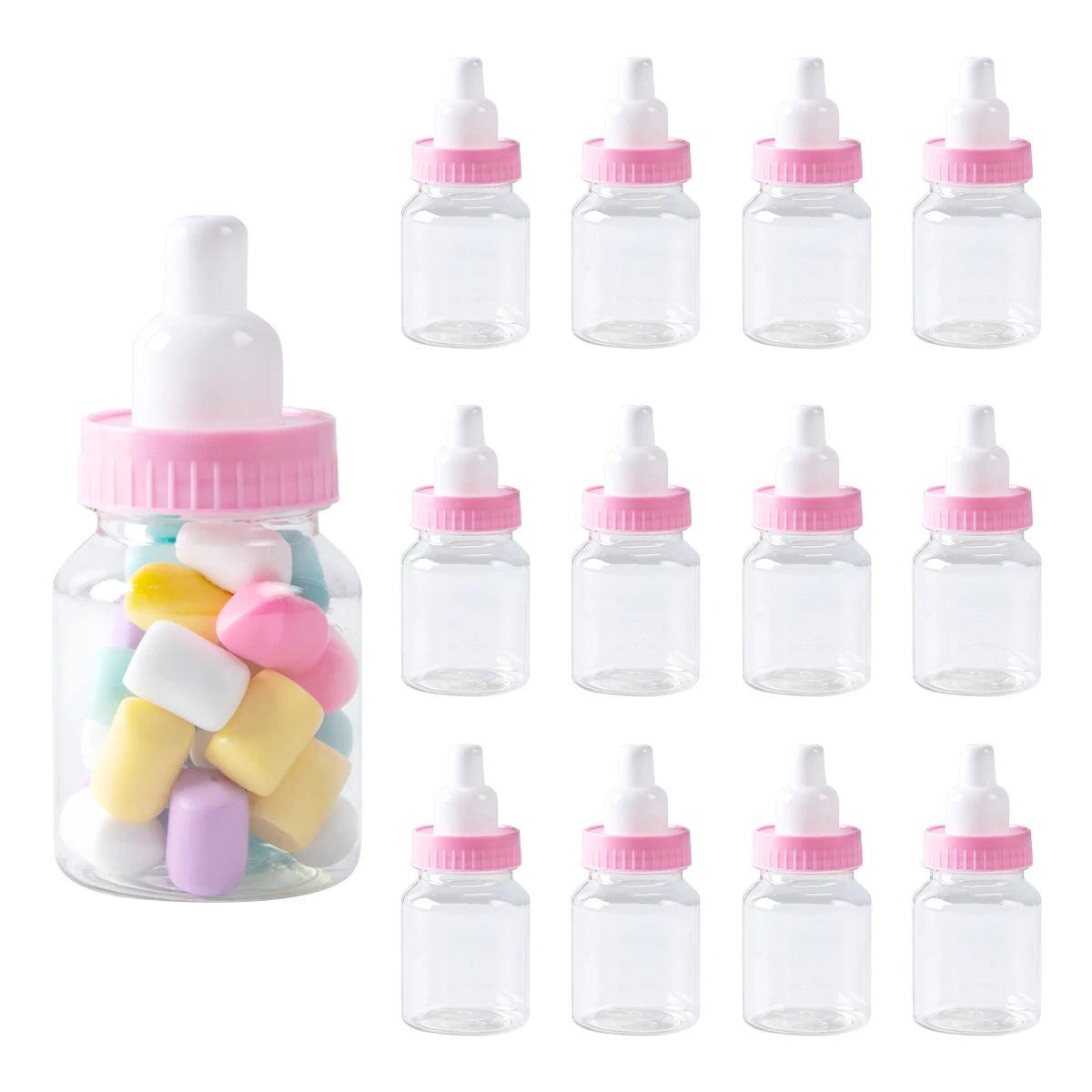 Clear bottles with pink caps and colorful candies on a white background
