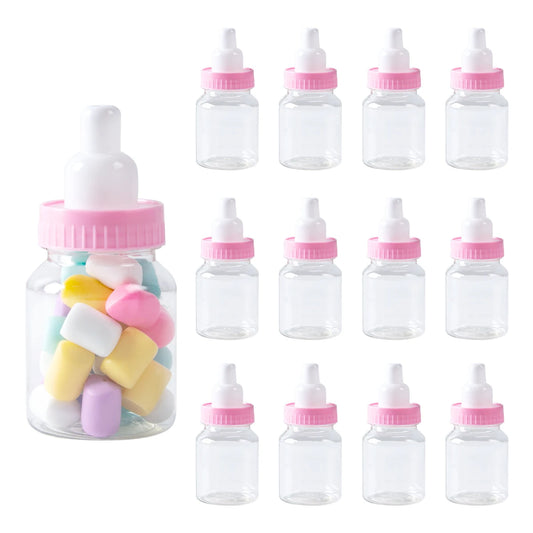 Clear bottles with pink caps and colorful candies on a white background
