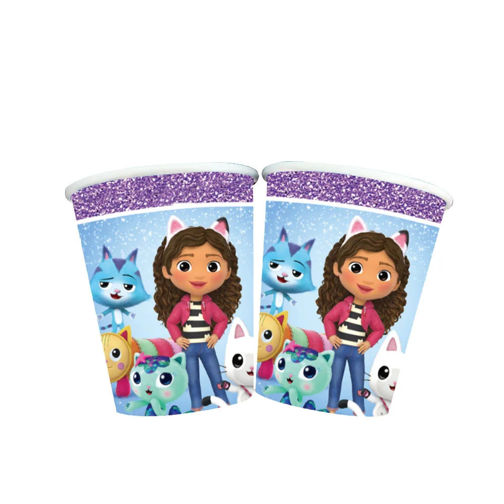 Two paper cups with a character and cat-themed design on a white background