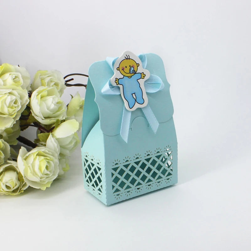 Light blue decorative box with a baby-themed sticker on a white background