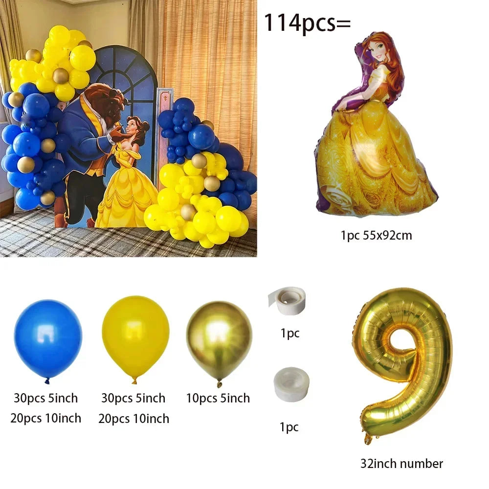 Collection of balloons and decorative items with Beauty and the Beast theme, including balloons and a number 9 balloon.
