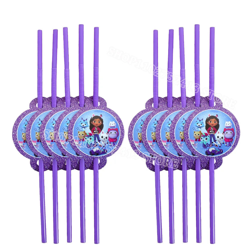 Set of purple straws with cartoon character labels on a white background