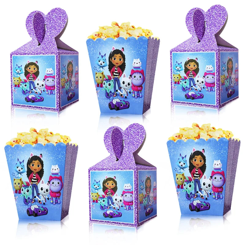 Set of six popcorn boxes with cartoon character design on a white background