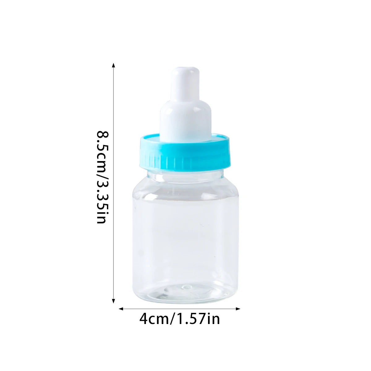 Clear bottle with blue cap and white nozzle, showing dimensions on a white background