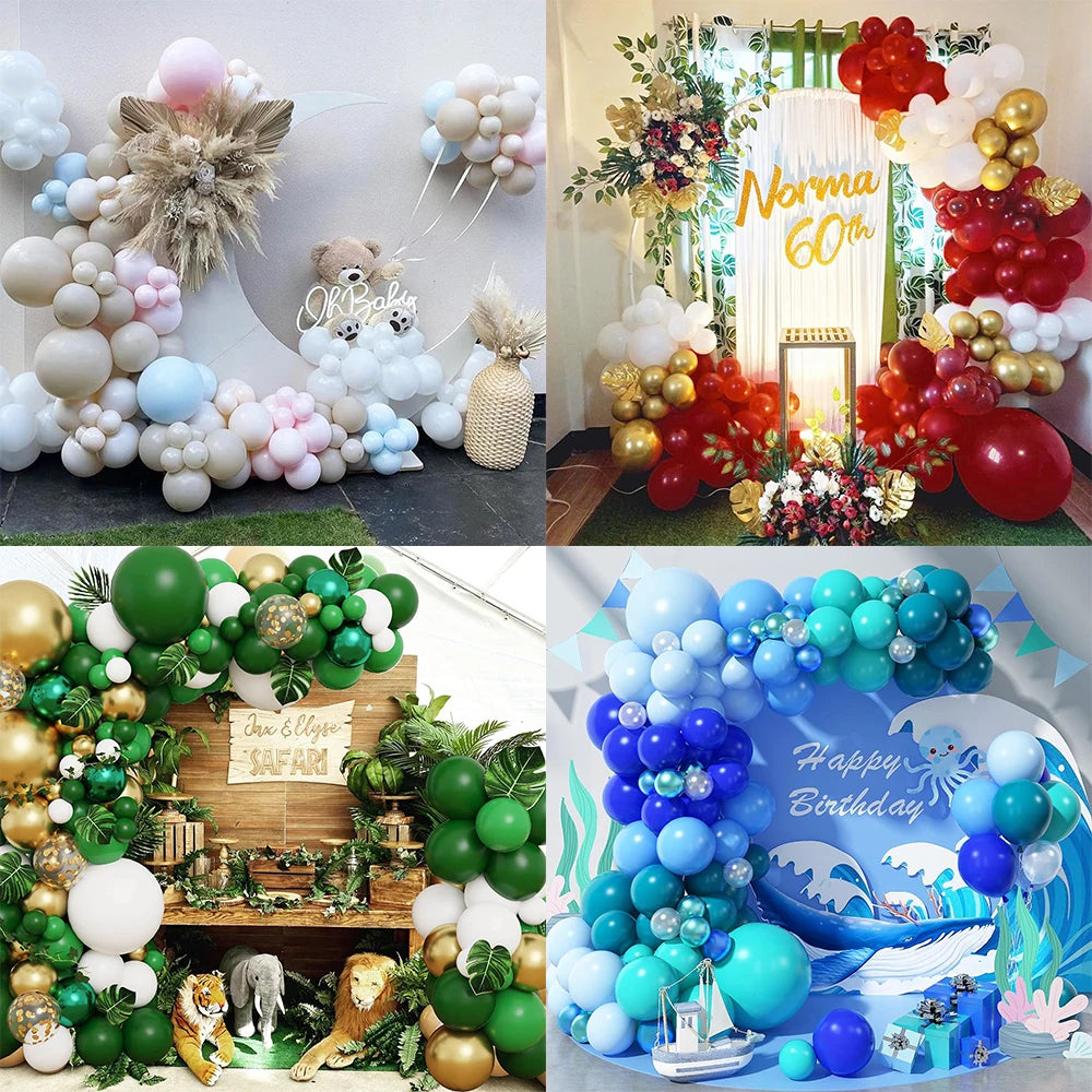 Collage of various balloon decorations for different occasions including a birthday and a 60th celebration.