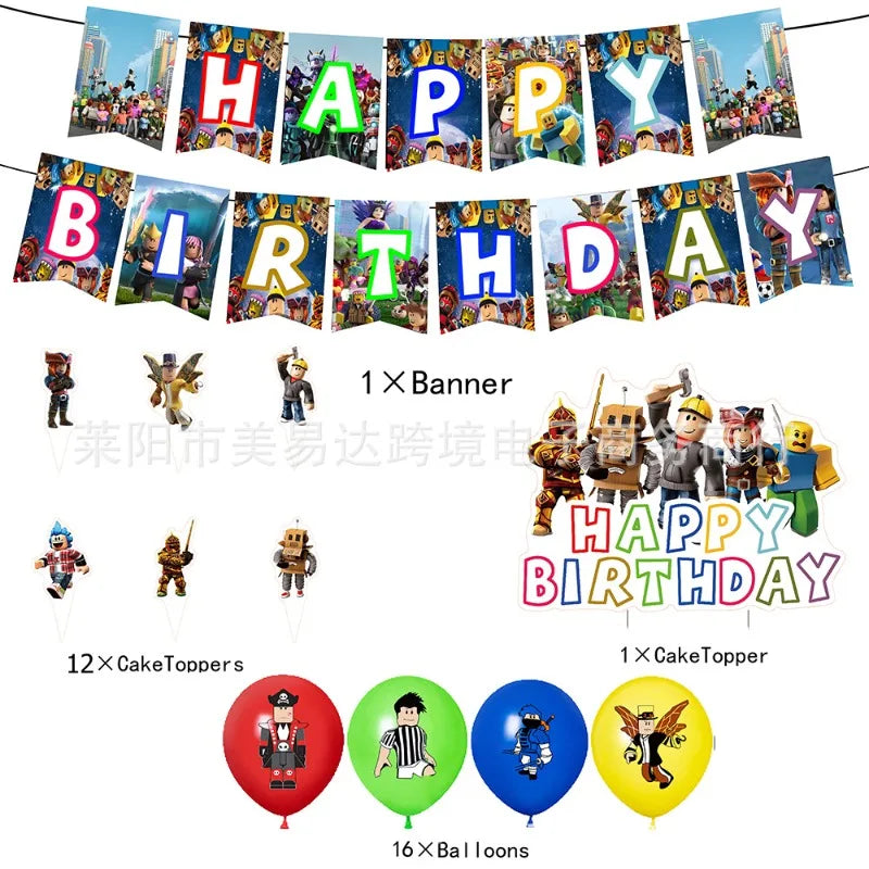 Birthday party supplies including a banner, cake toppers, and balloons with cartoon characters on a white background.