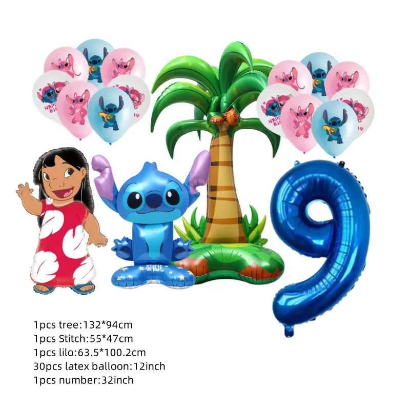 Birthday party decorations with cartoon character balloons, a tree, and number balloons on a white background.