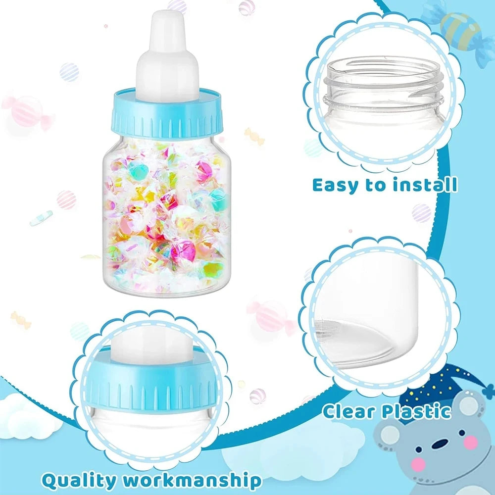Bottle with colorful contents and clear plastic components on a light blue background