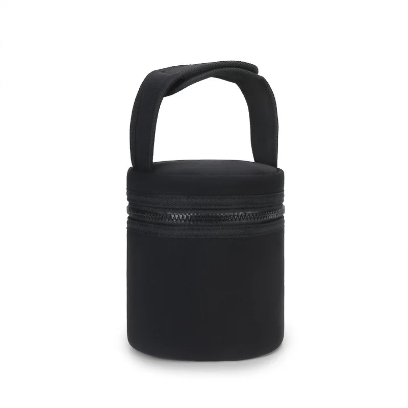 Black cylindrical pouch with a handle on a white background