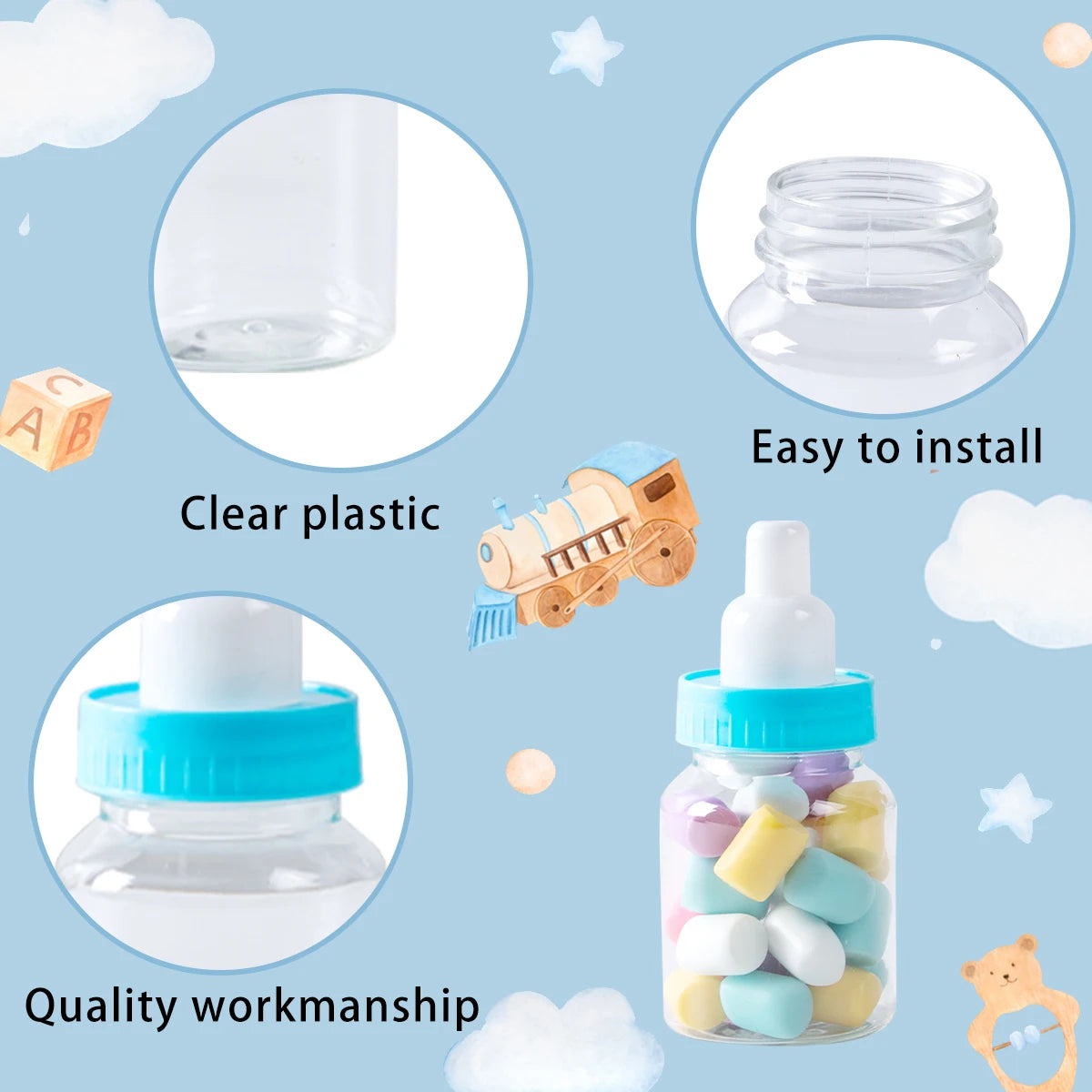 Clear plastic bottle with blue cap on a light blue background with cloud and star patterns.