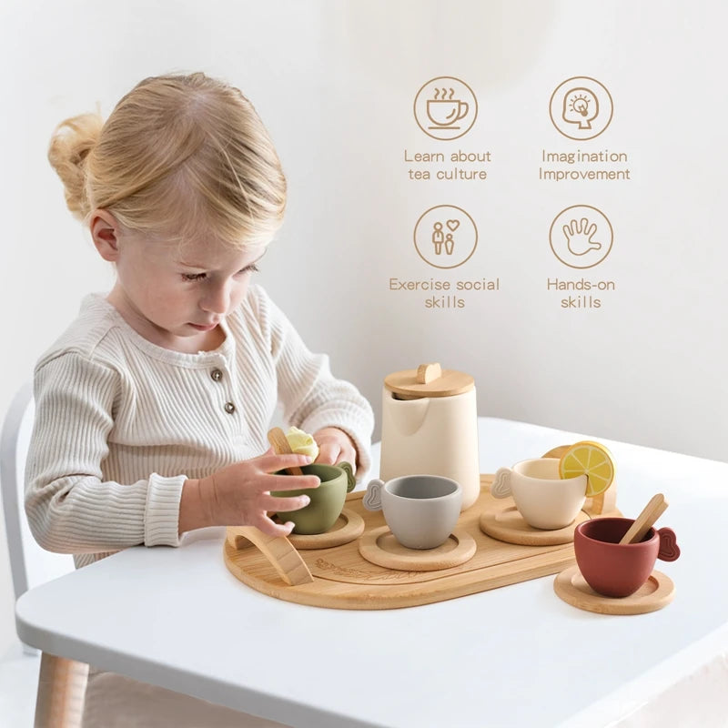 Child playing with a tea set on a table, with icons and text about learning tea culture, imagination improvement, social skills, and hands-on skills.