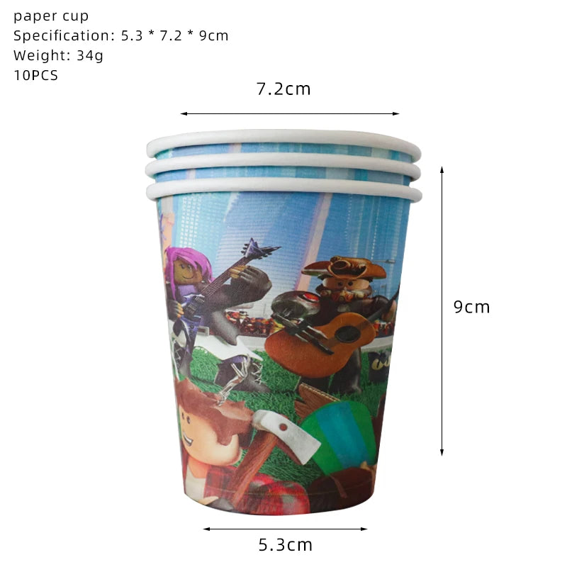 Colorful paper cups featuring Roblox characters, part of Nestacular's birthday party tableware set, ships from China.