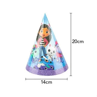 Party hat with cartoon character and measurements on a white background